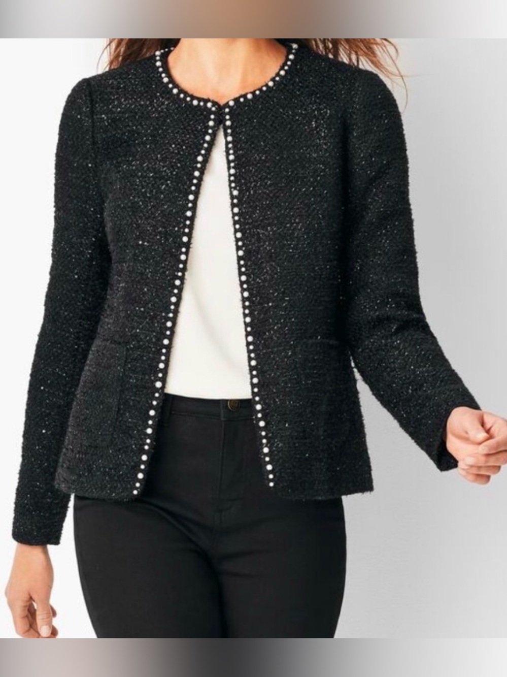 Talbots Black Sequin-Tweed Pearl-Trim Jacket, sz 20W, NWT